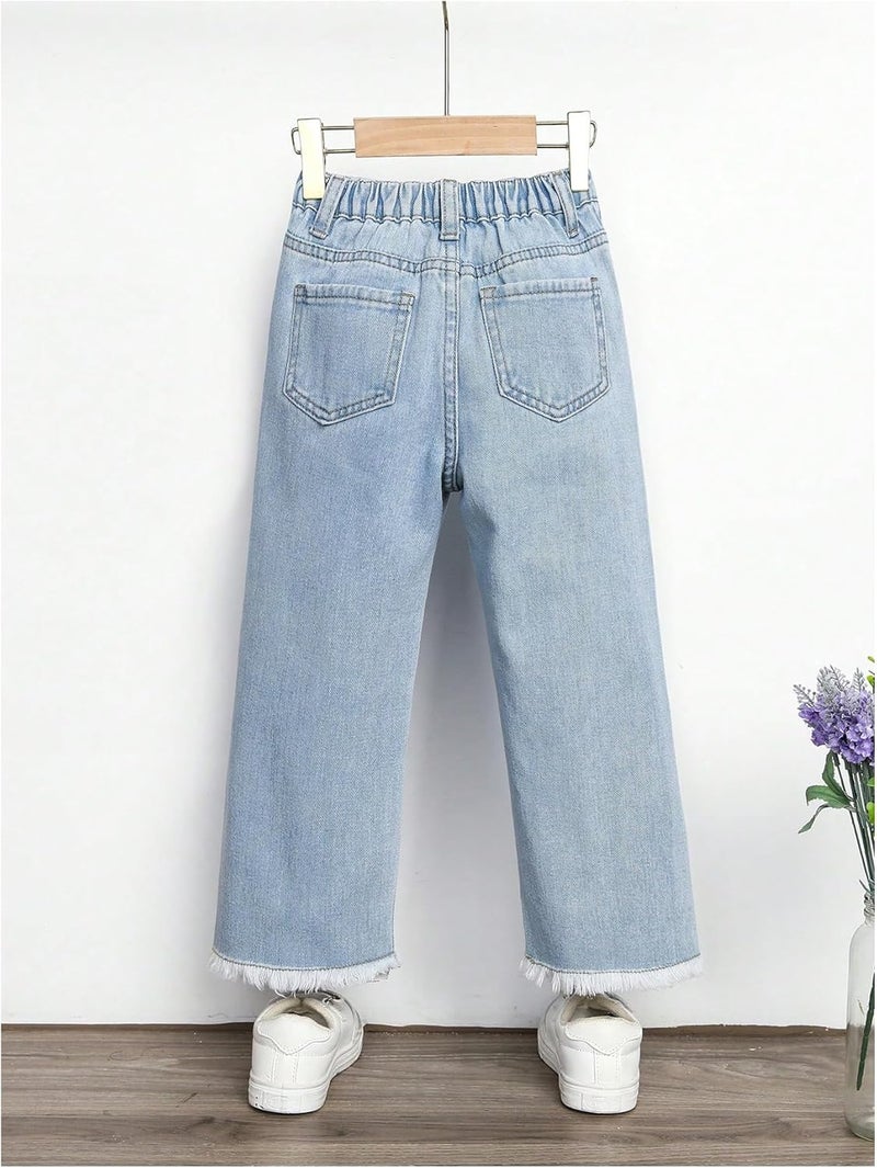 WDIRARA Girls' Butterfly Print Jeans Baggy Denim Pants Elastic Waist Raw Hem Trousers - Image 2